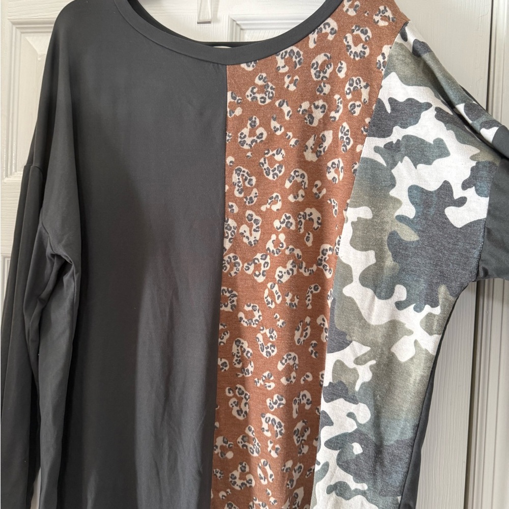 Colorblock Leopard and Camo Long Sleeve Top